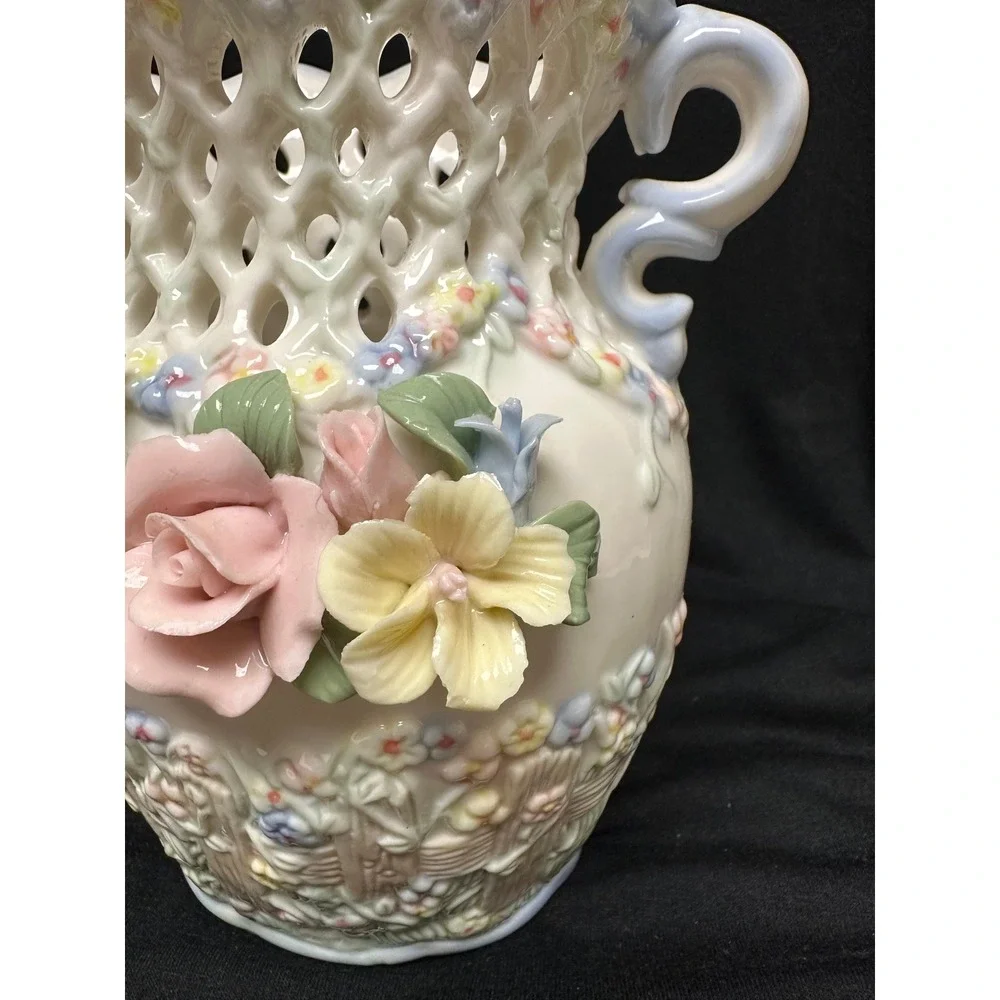 Floral Lattice Vase Cream Pastel Applied Porcelain 3D Flowers Scrolled Victorian